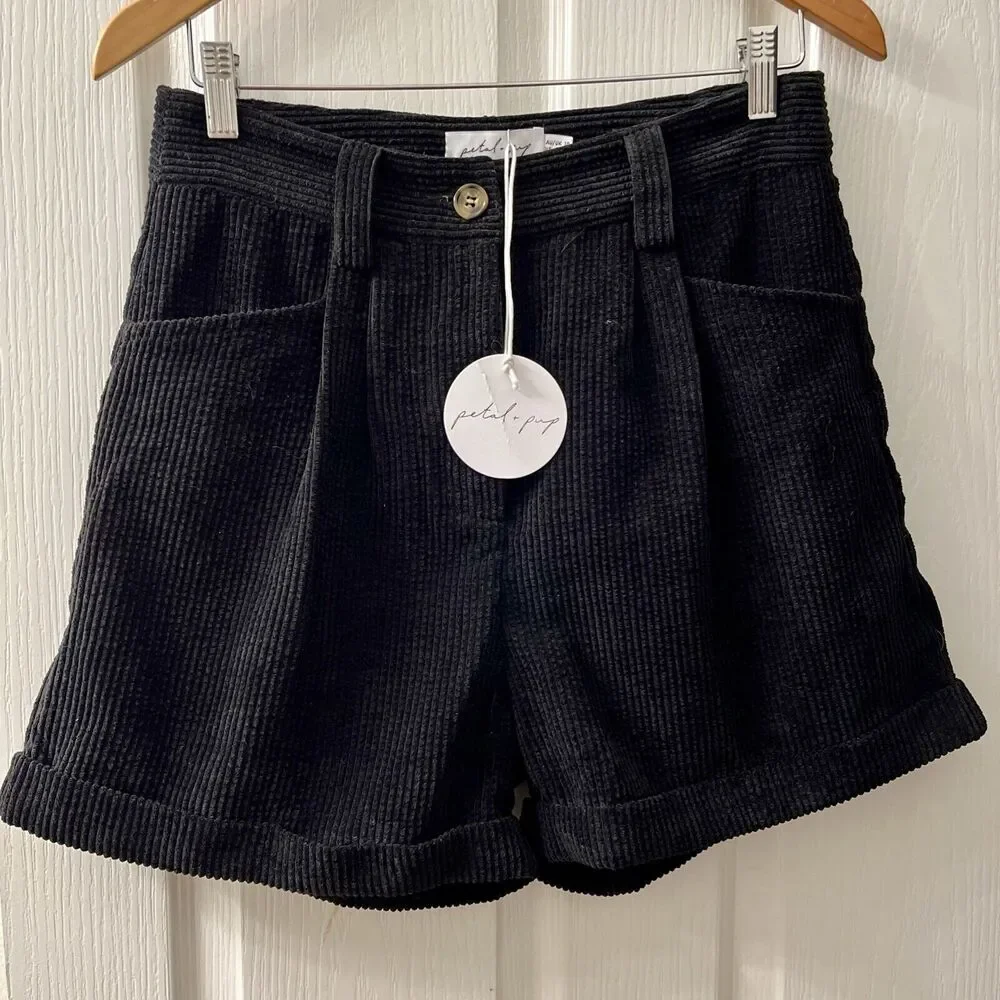 Petal & Pup‎ Women’s 6 Talaren Corduroy Shorts Black Roll Hem High Rise